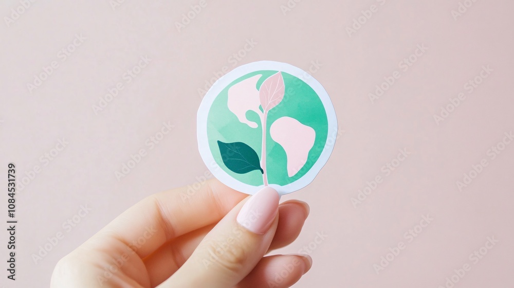 Minimalist sticker of the earth in green and pink, featuring one leaf growing as a symbol of promise and environmental responsibility Minimalist sticker of the earth in green and pink, featuring one leaf growing as a symbol of promise and environmental responsibility