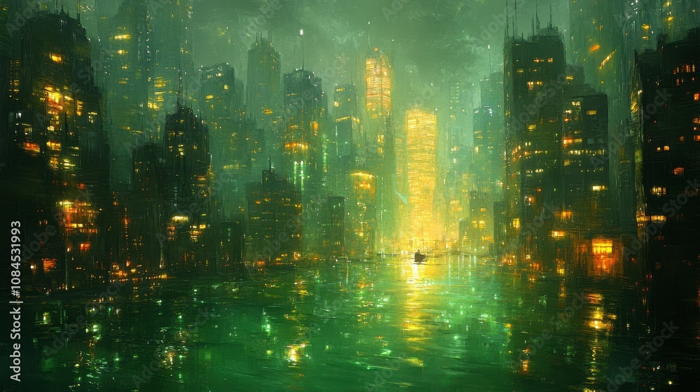 Fototapeta premium Glowing Green Cityscape at Night - Futuristic Metropolis