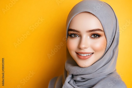 A smiling woman in a gray hijab against a bright yellow background.