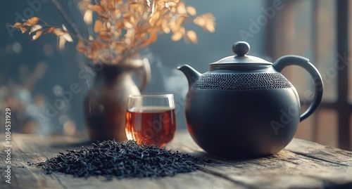 Tea brewing with a ceramic teapot and fresh leaves on a wooden table at a coz...