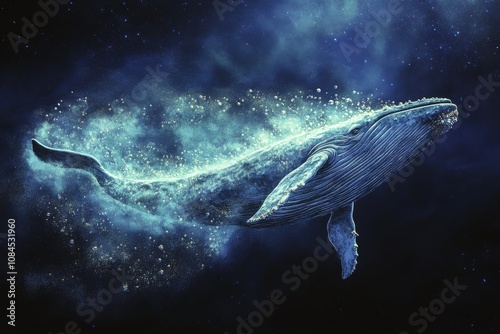 A serene blue whale gracefully swims through deep ocean waters while spouting...