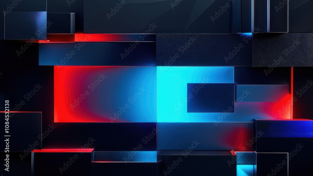 Fototapeta premium Abstract geometric composition with glowing blue and red elements.