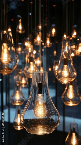 Art installation featuring multiple hanging light bulbs in a darkened room se...