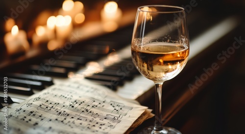 A glass of red wine rests on sheet music atop a vintage piano in a warm, invi...