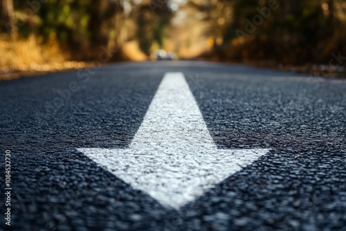 Directional road marking on a quiet roadway in a rural area during daytime su...