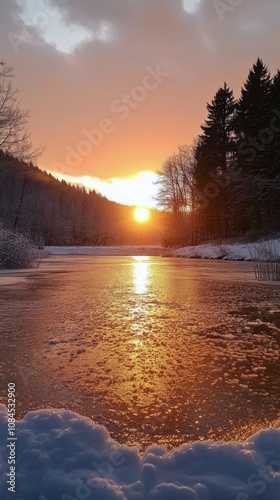 Winter sunset reflecting on a frozen lake with trees lining the shore at dusk