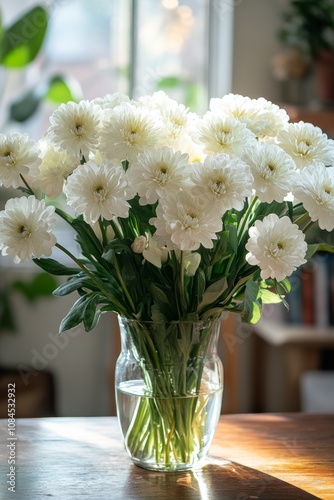 A beautiful arrangement of white flowers in a rustic vase on a wooden table i...