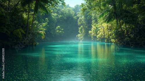 Serene Tropical Lagoon: Lush Jungle Meets Crystal-Clear Water