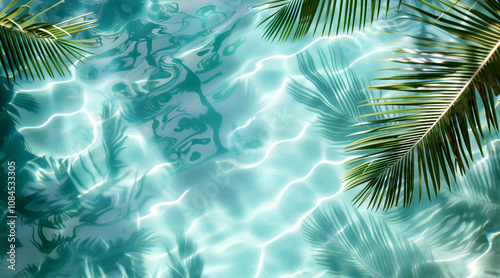 Peaceful pool scene with palm reflections and copy space, great for wellness branding, tropical themes, and travel marketing.