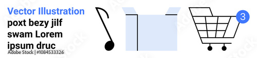 Music note, open box, and shopping cart with notification icon. Ideal for e-commerce, delivery services, online shopping, music streaming, postal services, and retail marketing. Landing page