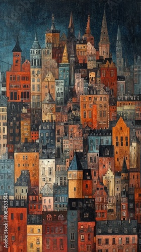 Urban skyline view of historic buildings in a bustling city during the late a...