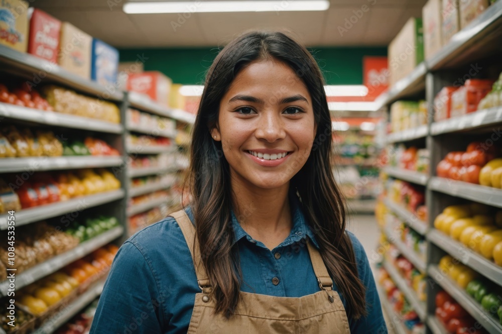 Close portrait of a smiling young Peruvian female grocer standing and looking at the camera, Peruvian grocery store blurred background Close portrait of a smiling young Peruvian female grocer standing and looking at the camera, Peruvian grocery store blurred background