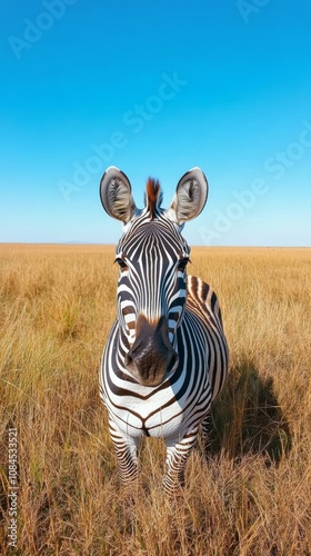 A zebra standing in tall grass under a clear blue sky during the day in a nat...