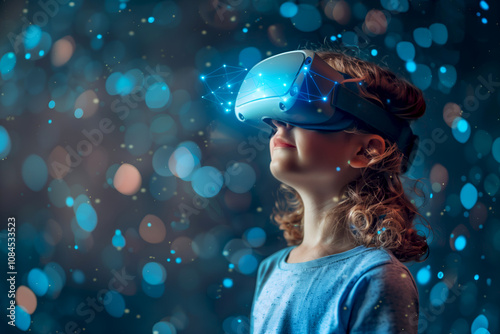 Playful child wearing a VR headset, symbolizing joy and discovery in modern technology, perfect for family tech promotions or gaming ads.