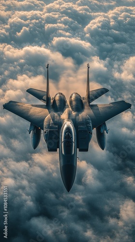 Aerial view of a fighter jet soaring through clouds during golden hour in the...