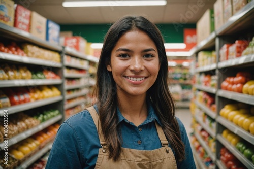 Close portrait of a smiling young Peruvian female grocer standing and looking at the camera, Peruvian grocery store blurred background