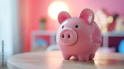 Pink piggy bank against bright girl's interior, symbolizing financial security, money saving, great for banking ads, educational content, or budget planning tools.