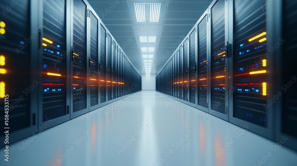 Fototapeta premium A row of computer servers with yellow lights on them