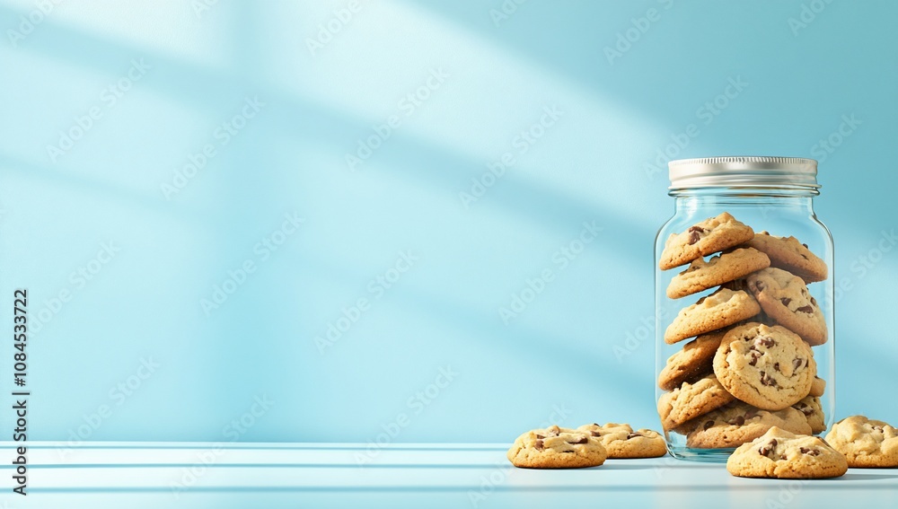 A jar filled with cookies on a blue background, showcasing treats. A jar filled with cookies on a blue background, showcasing treats.