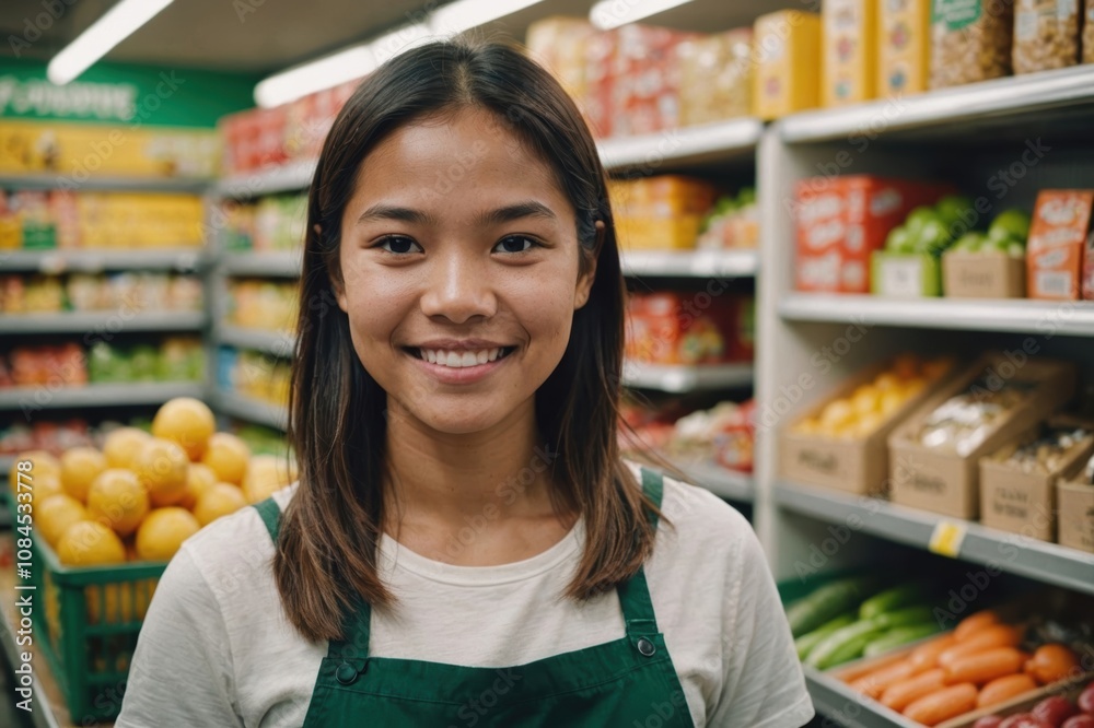 Close portrait of a smiling young Filipino female grocer standing and looking at the camera, Filipino grocery store blurred background Close portrait of a smiling young Filipino female grocer standing and looking at the camera, Filipino grocery store blurred background