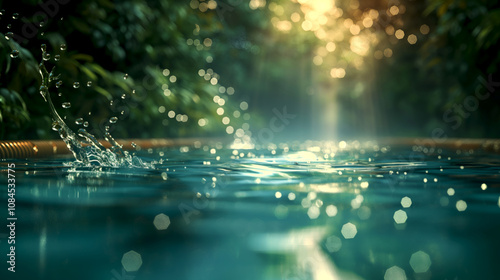 Tranquil empty pool surface close up with water splash, perfect for summer ads, wellness blogs, or lifestyle visuals.