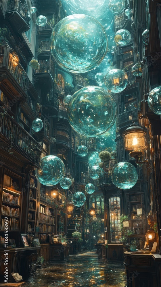 Enchanted Library With Floating Glass Bubbles: A Mystical Architectural Masterpiece Enchanted Library With Floating Glass Bubbles: A Mystical Architectural Masterpiece