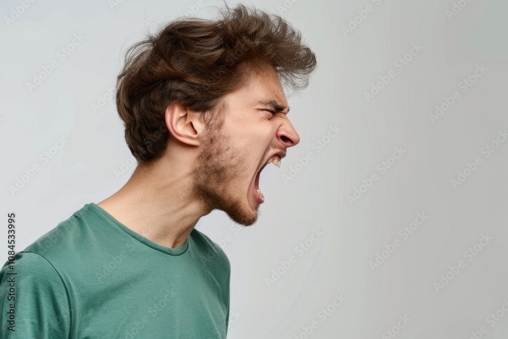 Fototapeta premium Attractive guy with neat hair yelling at girlfriend in fight.