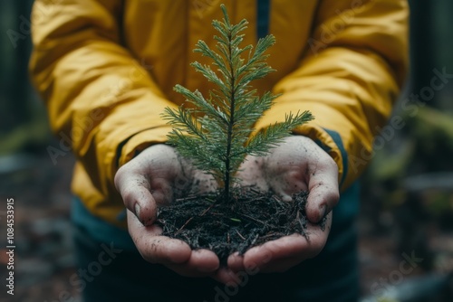 A person in a yellow jacket holds a small tree sapling in their hands in a fo...