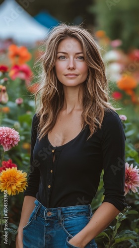 A woman poses gracefully among vibrant flowers in a blooming garden during da...