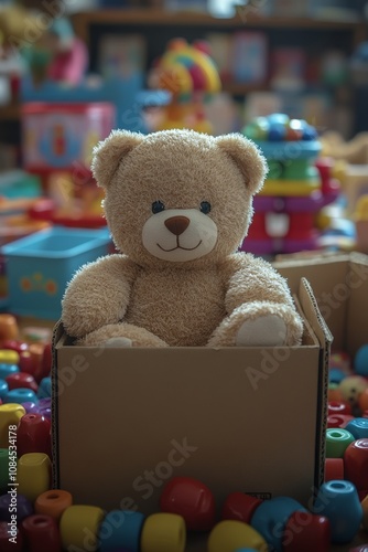 A bear sits playfully in a cardboard box among colorful toys in a bright chil...