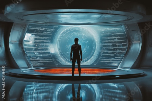 A person observes a futuristic digital display in a modern city during the ev...