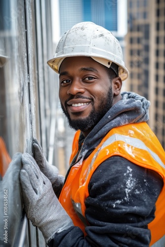 Construction worker smiles while working in the rain on a city building durin...