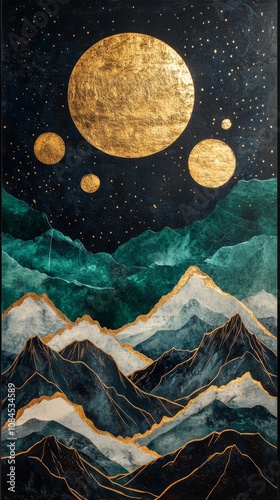A glowing full moon rises over mystical mountains under a starlit sky in deep...