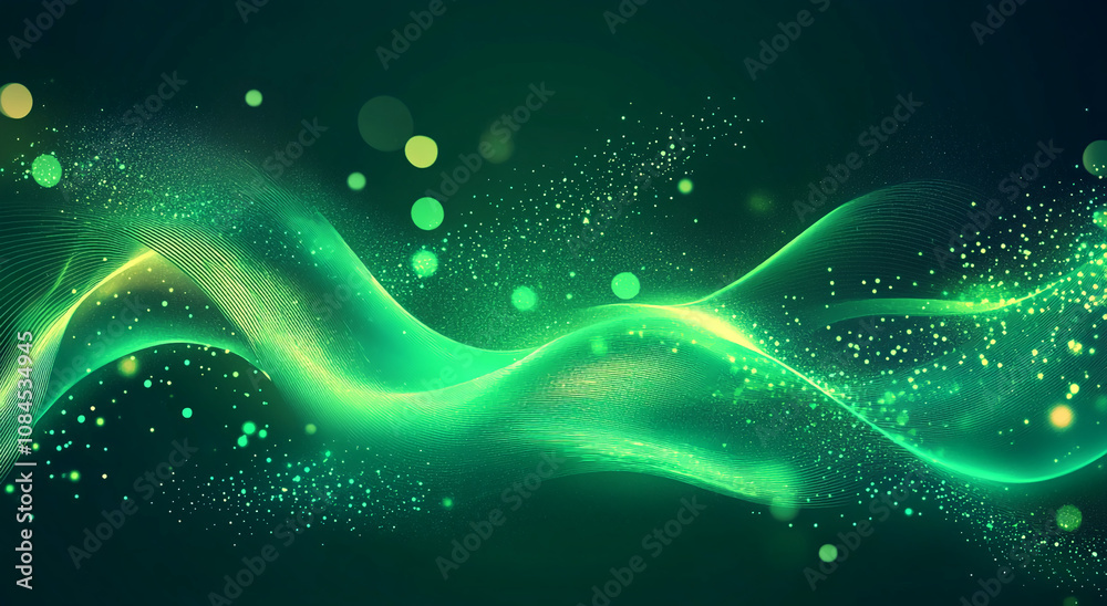 A dynamic green wave, illuminated by subtle sparkles and bokeh, moves gracefully across a dark canvas A dynamic green wave, illuminated by subtle sparkles and bokeh, moves gracefully across a dark canvas