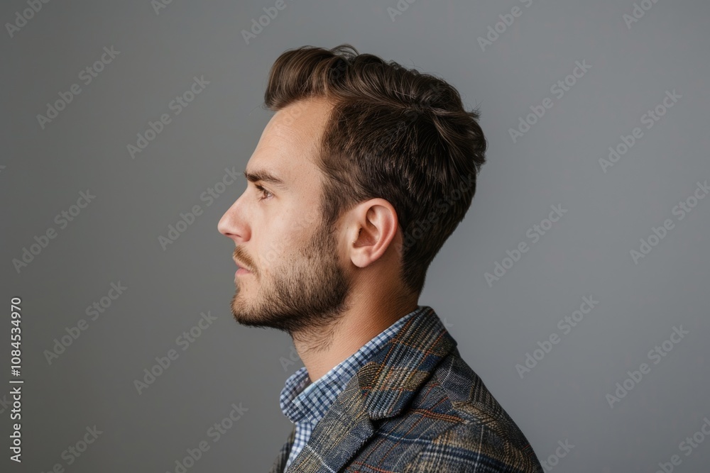 Profile side photo of minded man looking wearing modern blazer jacket isolated over grey background Profile side photo of minded man looking wearing modern blazer jacket isolated over grey background