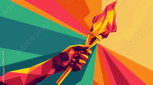 Geometric hand holding a torch with vibrant flame against colorful radiating background. Olympics, Olympic flame, Generative AI