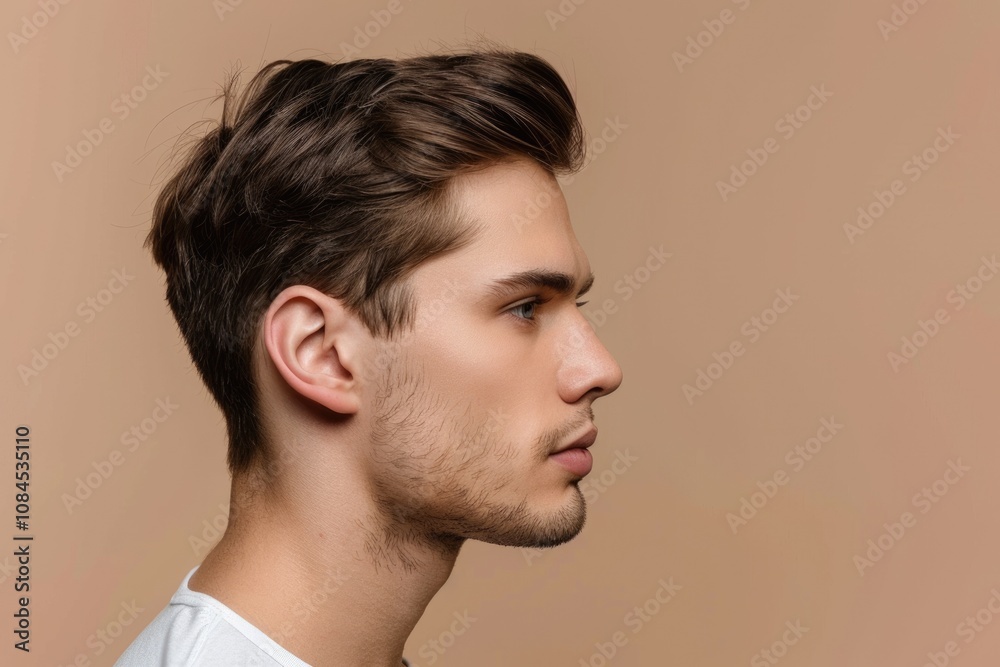 Serious young man profile photo with empty space background Serious young man profile photo with empty space background