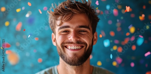 Happy man smiling in vibrant setting with colorful confetti during celebratio...