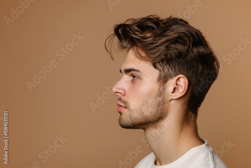 Young handsome man with bristle in profile photo pose photo