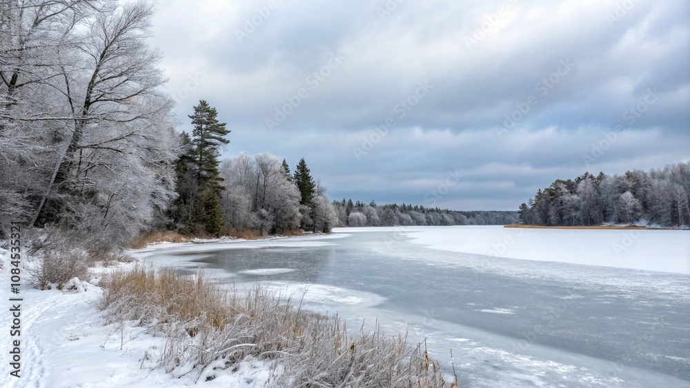 Panoramic view of a frozen lake on a cold winter day, snow-covered trees, snowflakes falling, serene atmosphere, outdoor scenery Panoramic view of a frozen lake on a cold winter day, snow-covered trees, snowflakes falling, serene atmosphere, outdoor scenery