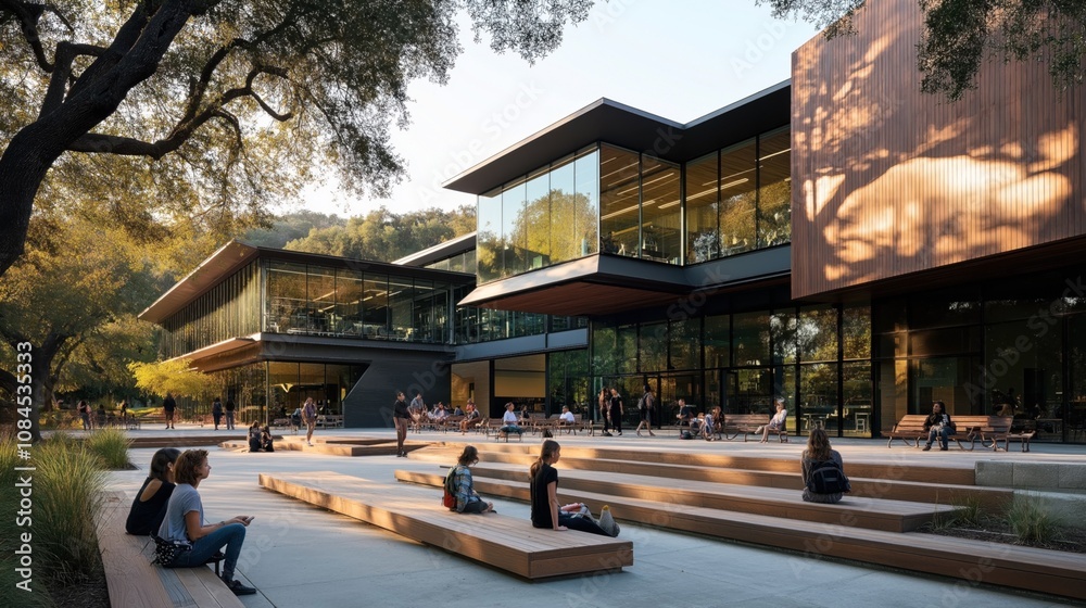 Fototapeta premium Modern campus building with glass facade surrounded by trees and outdoor seating areas with students relaxing and socializing