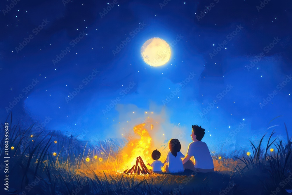 A family enjoying a moonlit bonfire. A family enjoying a moonlit bonfire.