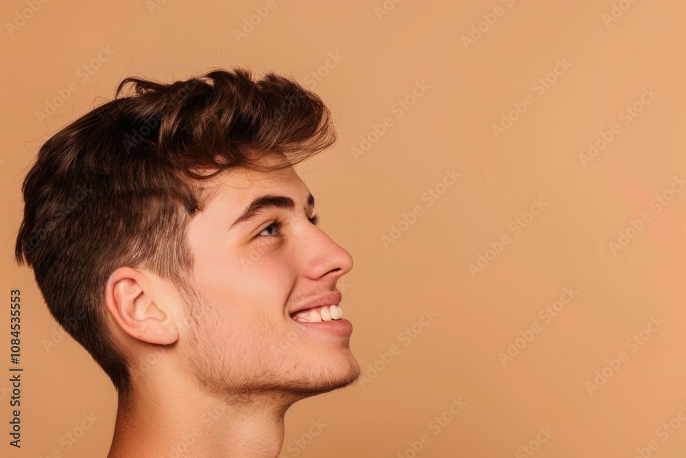 Fototapeta premium Young man with positive smile in profile photo.