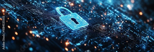 High tech circuit board with glowing elements illustrating digital innovation...