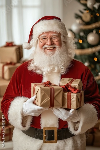 Santa Claus holds a stack of beautifully wrapped gifts in front of a decorate...