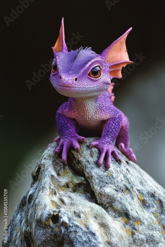 A purple dragon like creature perched on a rock in an outdoor natural setting...