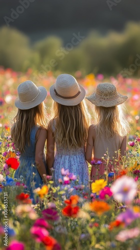 Three girls standing together admiring a colorful flower field on a sunny day