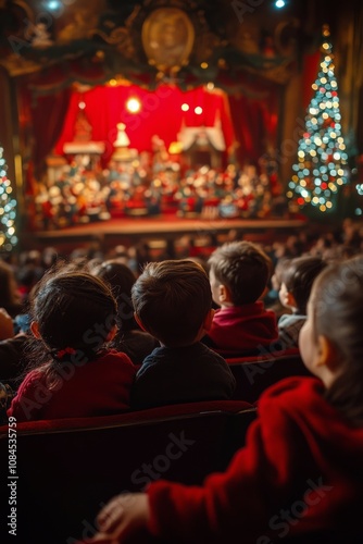 Children watching a festive puppet show during the holiday season in a cozy t...