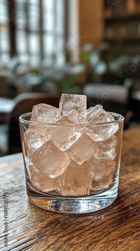 A refreshing glass of whiskey with ice cubes on a rustic wooden table in a co...