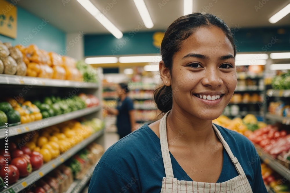 Close portrait of a smiling young Samoan female grocer standing and looking at the camera, Samoan grocery store blurred background Close portrait of a smiling young Samoan female grocer standing and looking at the camera, Samoan grocery store blurred background